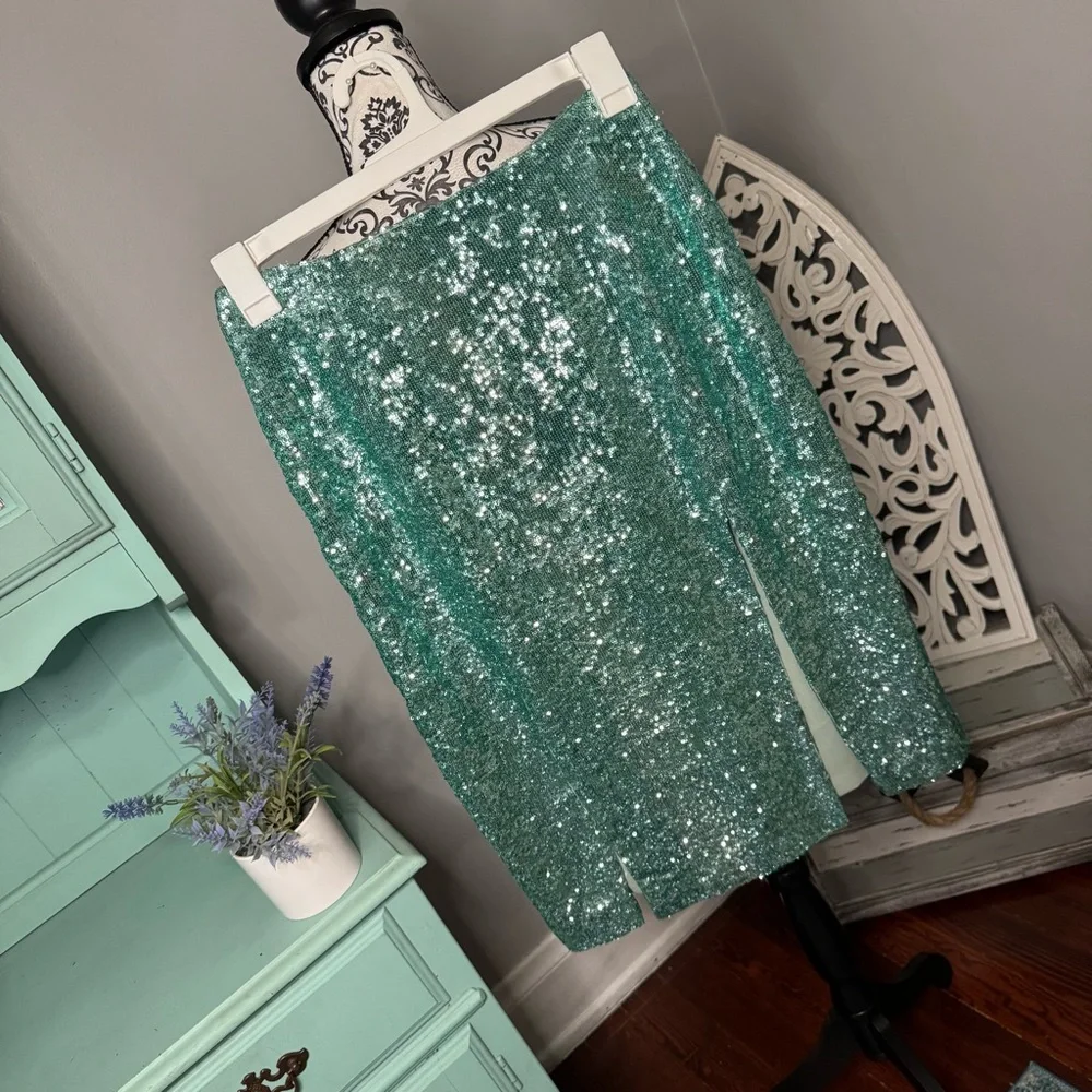 Top Shop Sequin Midi Skirt Size 6 NWT Turquoise Aqua Cocktail Party Boho Glam - Picture 2 of 13